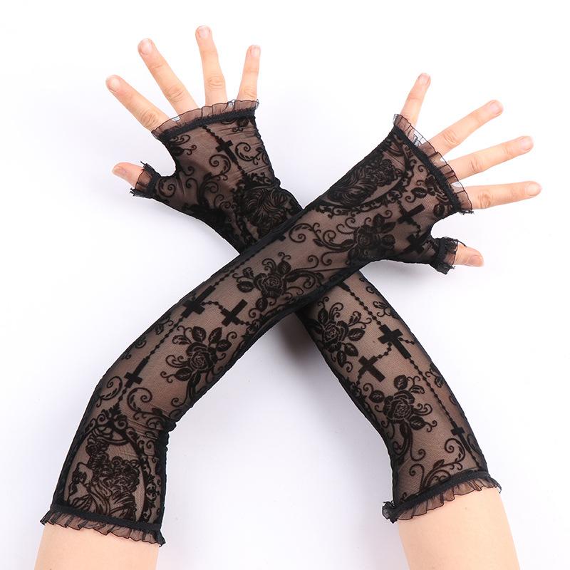 Half-finger lace sun protection gloves long arm sleeve set performance costume fingerless dark gothic cosplay accessories