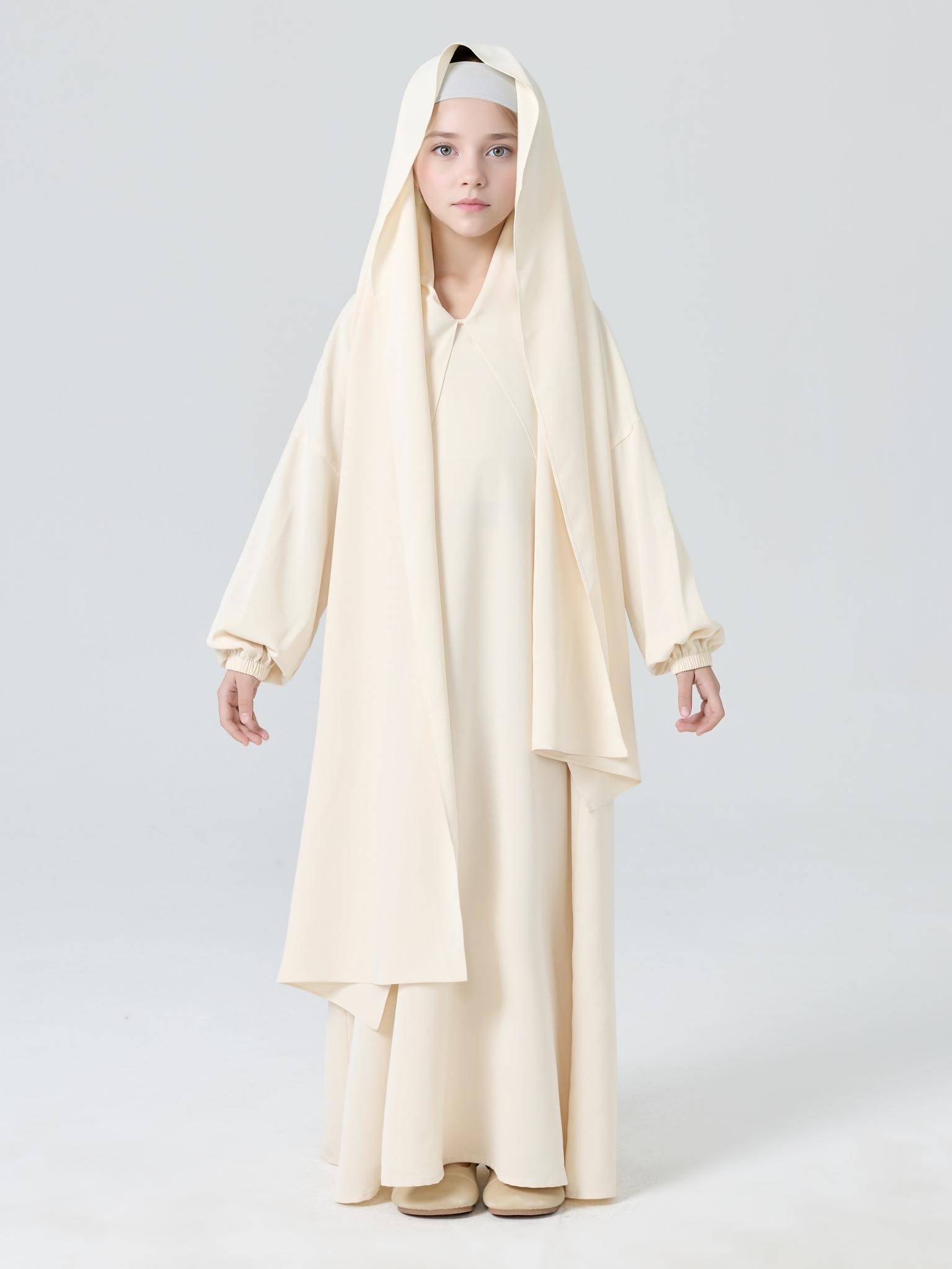 Girls' Plain Loose Fit Abaya Dress with Headscarf, Casual Long Robe for All Seasons, Middle Eastern Muslim Fashion