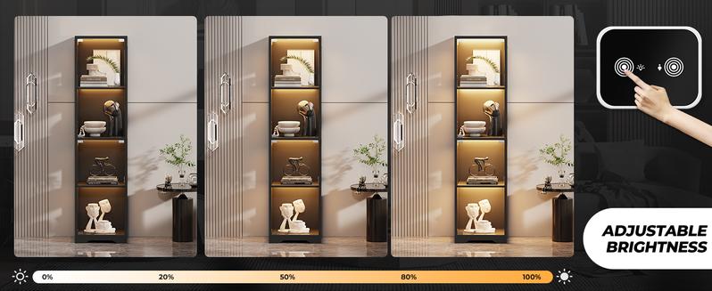 BROTTAR Display Cabinet with Glass Doors, 4-Tier Display Case with 3 Color Lights for Collectibles, Display Shelves with Human Body Sensor, Black