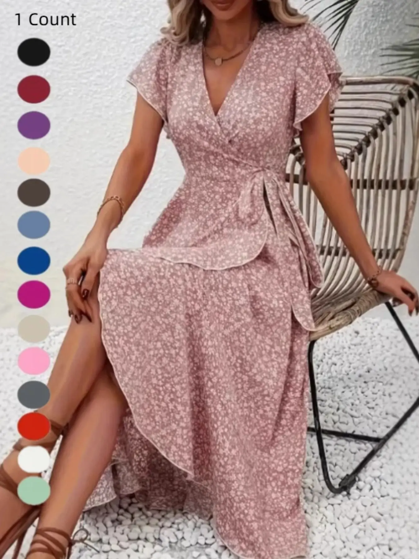 Boho Bohemian V-Neck Ditsy Floral Print Wrap Dress, Womenswear Short Sleeve Summer Maxi Dress, Casual Boho Chic Style Vibe, Perfect for Daily Wear & Special Occasions