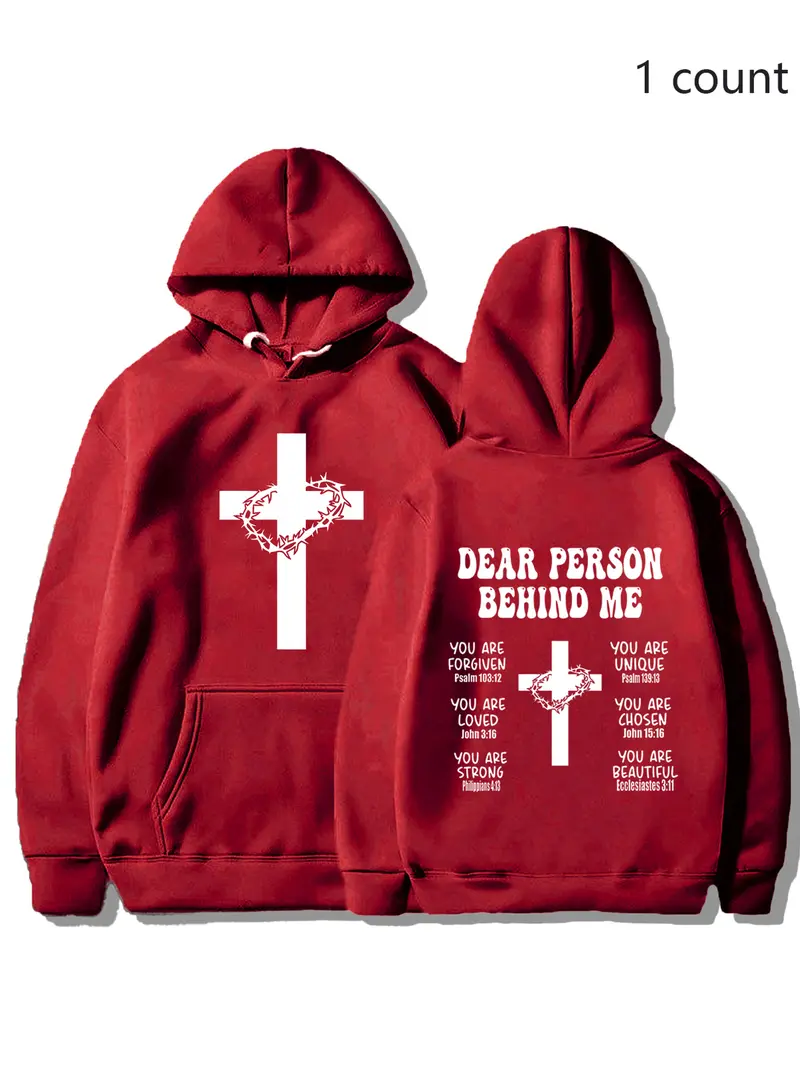 Christian Fitted Hoodie with Bible Verse, Long Sleeve Inspirational Sports Sweatshirt, Faith Cross Graphic Printed Pullover Hoodie, Casual Fall & Winter Wear, Printed Hooded
