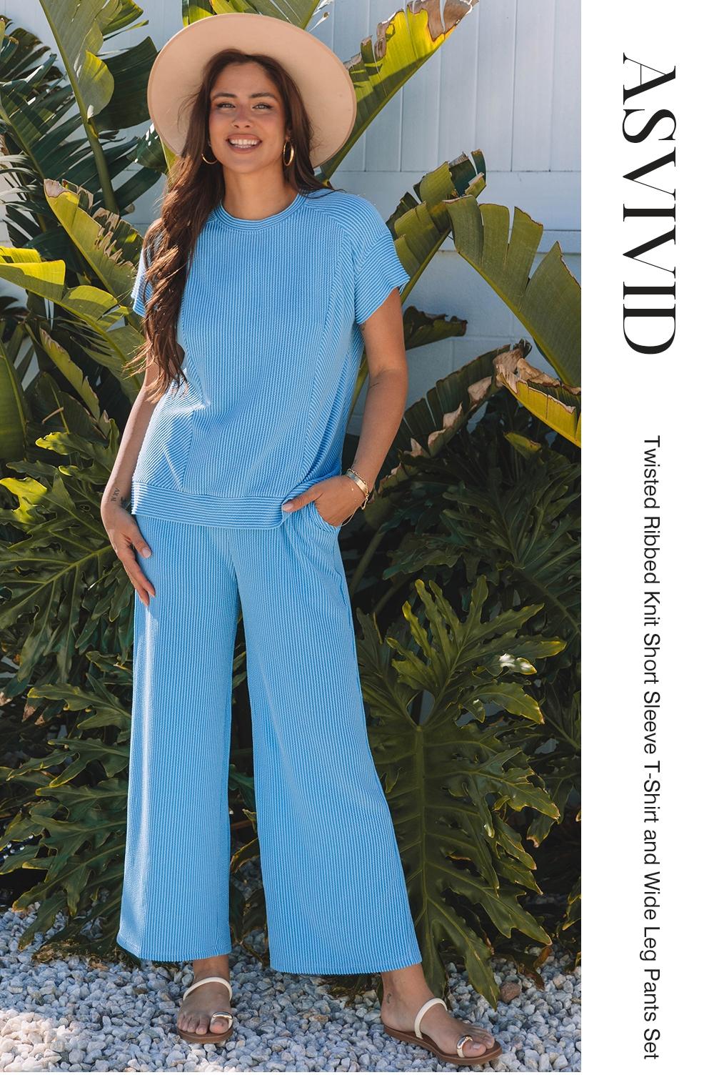 Women's Twisted Ribbed Knit Solid Color Set - Round-neck Short Sleeve T-Shirt & Wide Leg Pants with Side Pockets, Casual Comfy for Summer Daily Wear, Co Ord Sets