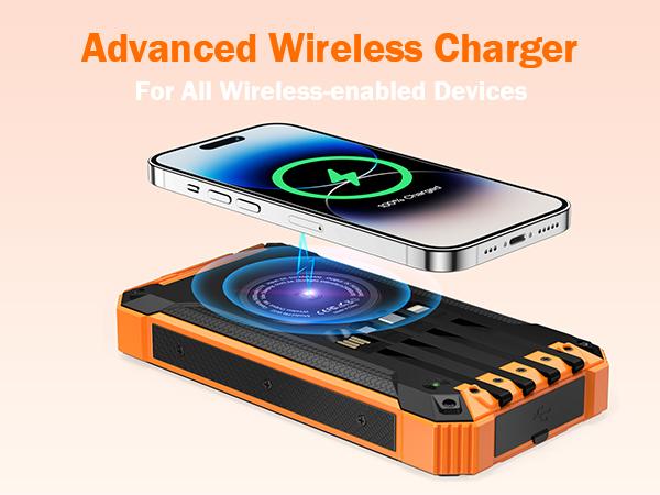GOODaaa W22 36000mAh Solar Power Bank Wireless Charger Built in 4 Cables 6 Outputs 15W Fast Charging Power Bank for All Mobile Devices 3 Inputs Solar Portable Charger with Dual Flashlights, Carabiner