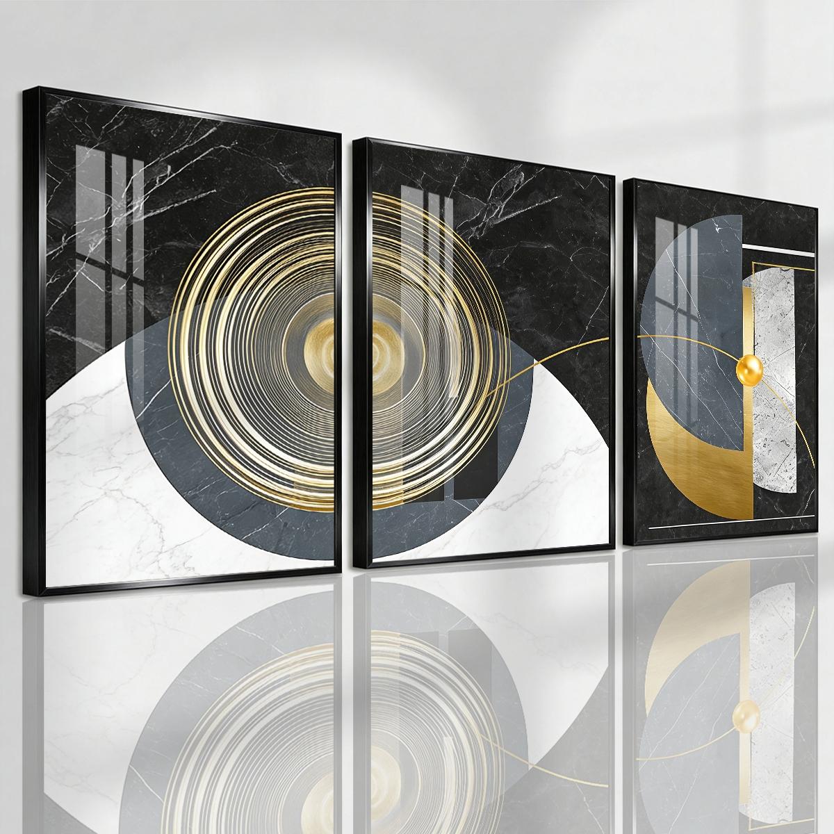 3 Counts Aluminum Alloy Framed Painting, Geometric Abstract Gold And Marble Art, Home Decoration For Living Room, Bedroom, Office, Restaurant, Hallway Wall Decor, Odorless Print Artwork, Luxury Perfect Gift For Friends And Family