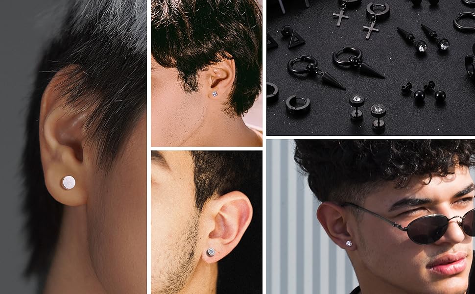 15Pairs Mens Earrings - Stainless Steel Silver Black Stud, Zirconia Hoop & Dangle Earrings Set - Hypoallergenic for Men & Women