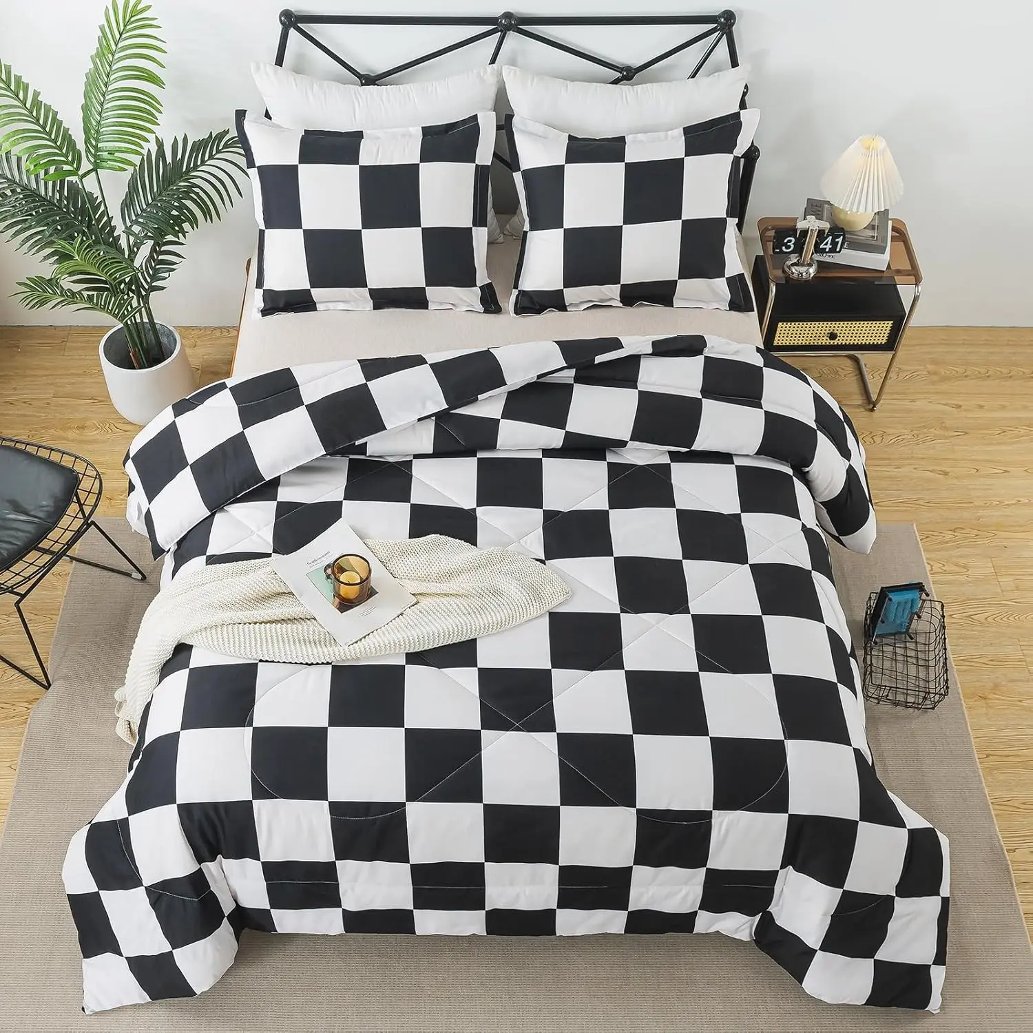 Black White Plaid Comforter Set Queen Size, Buffalo Check Plaid Comforter Bedding Set for All Seasons, Farmhouse Soft Microfiber Comforter with Pillowshams