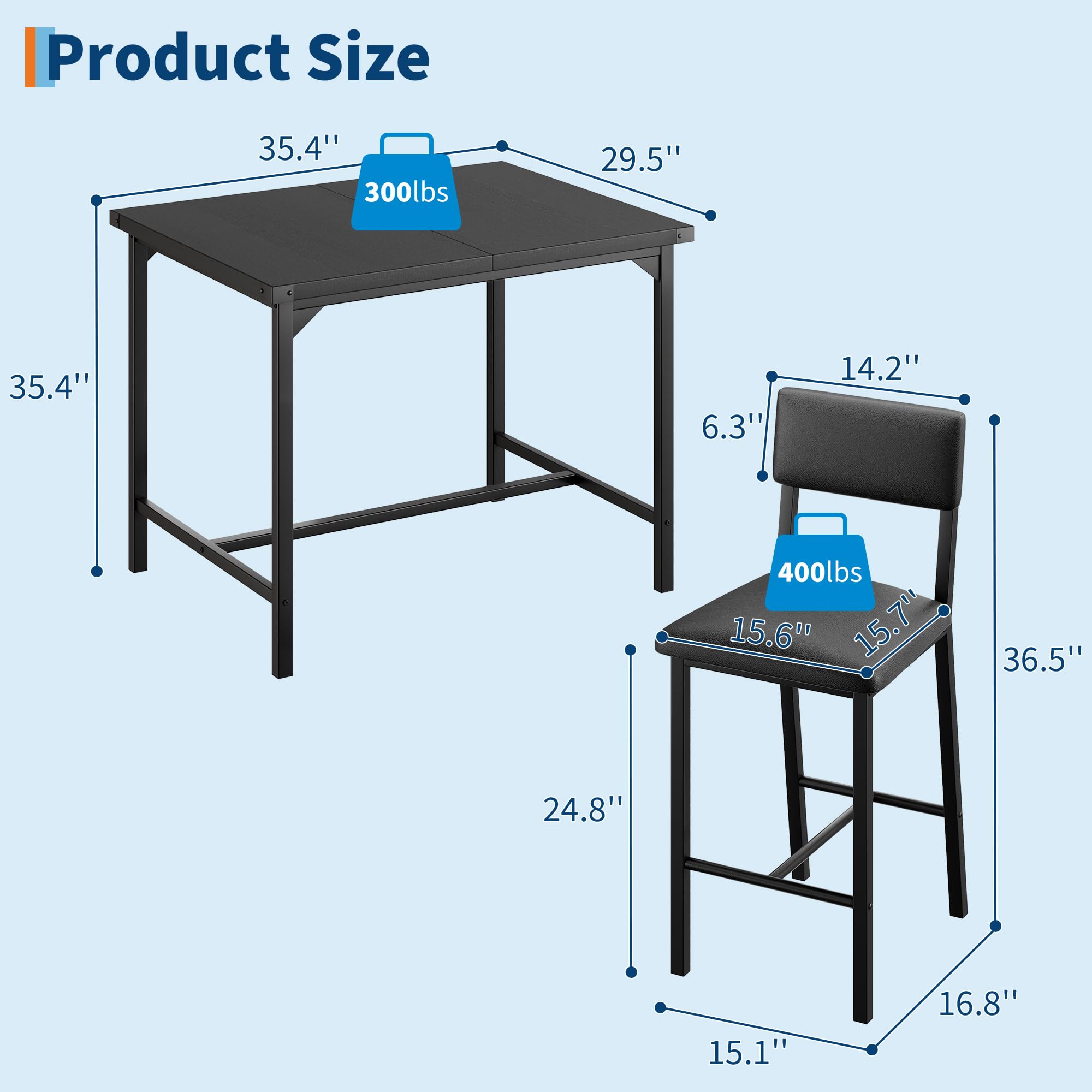 Dining Table Set for 2 w/Counter Height Table & 2 Upholstered Bar Stools, 3-Piece Kitchen Table Set with Footrest & Corner Protector, for Kitchen Room, Apartment Dining Table Set for 2 w/Counter Height Table & 2 Upholstered Bar Stools, 3-Piece Kitchen Table Set with Footrest & Corner Protector, for Kitchen Room, Apartment