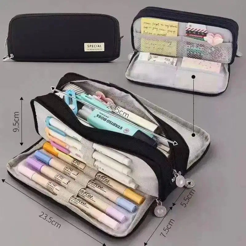 Unisex Durable Fabric Pink Rectangular Zippered Pouch - Fold-Open Large School Supplies Organizer with Multi-Section Compartments, Mesh Pocket, Elastic Pen Loops, Practical Look for Students, Back-to-School