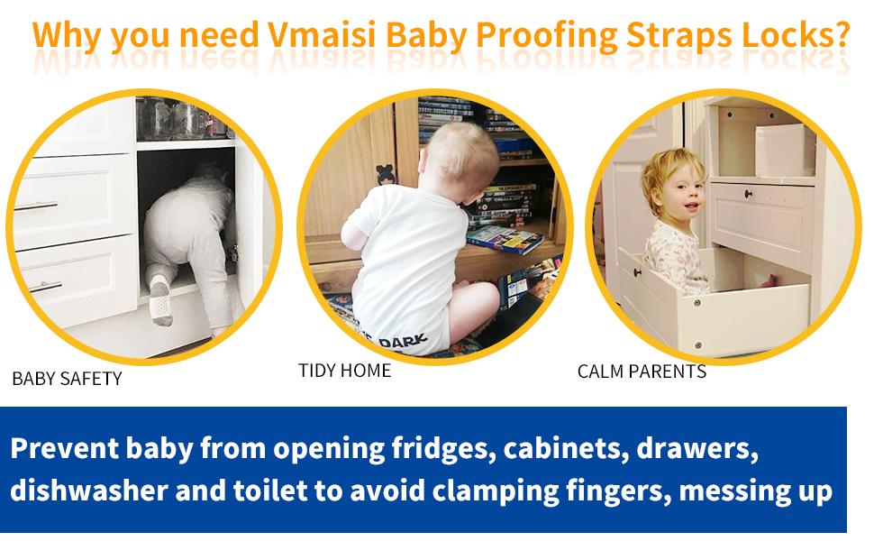 Vmaisi Multi-Use Adhesive Straps Locks - Baby Proofing Cabinet Latches for Drawers, Fridge, Dishwasher, Toilet Seat, Oven,Trash Can, No Drilling