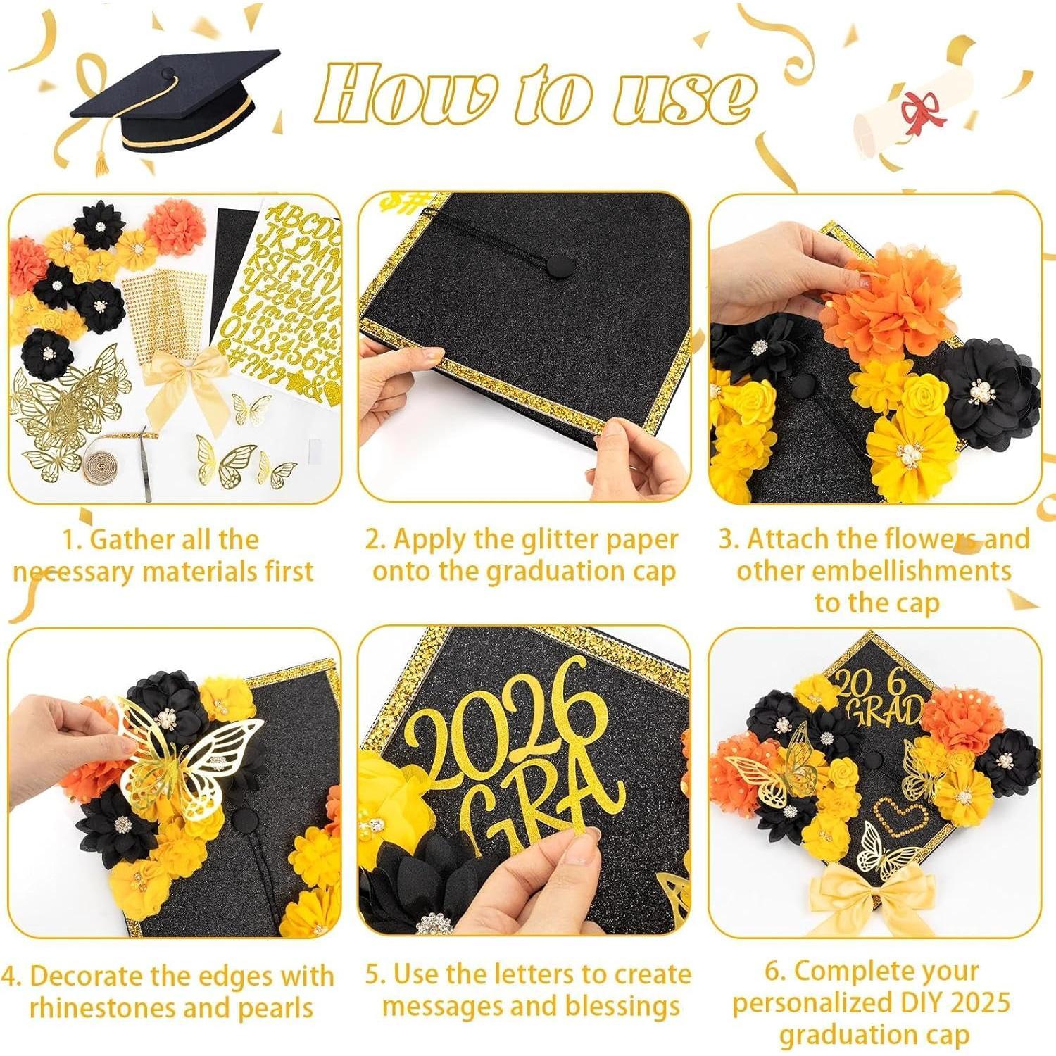 Graduation Cap Decorations Kit 2026 DIY Cap Decorations 36 count Included Heads Bow Butterfly Self Adhesive Rhinestones Stickers Alphabet Letter Stickers for Grad Party Decor, Black Graduation Cap Decorations Kit 2026 DIY Cap Decorations 36 count Included Heads Bow Butterfly Self Adhesive Rhinestones Stickers Alphabet Letter Stickers for Grad Party Decor, Black
