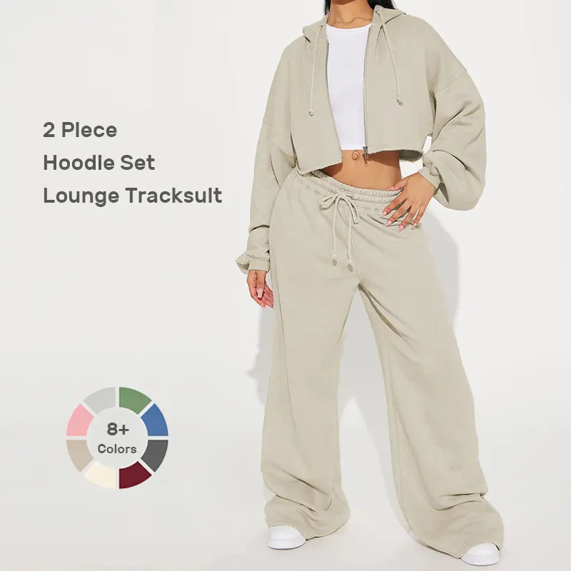 Women Cropped Zip Up Hoodie Tracksuit 2 Piece Set, Fashion Oversized Long Sleeve Hooded Jacket Wide Leg Sweatpants Casual Jogger Outfit