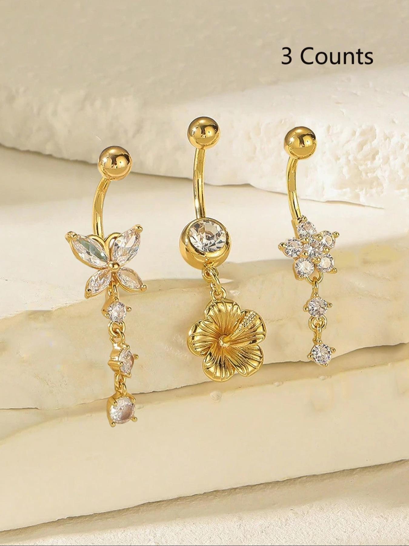 Women's Elegant Butterfly & Flower Design Belly Rings, Stainless Steel Belly Button Rings, Cute Trendy Belly Piercing Jewelry, Fashion Body Jewelry, Artificial Zircon for Party & Daily Decor