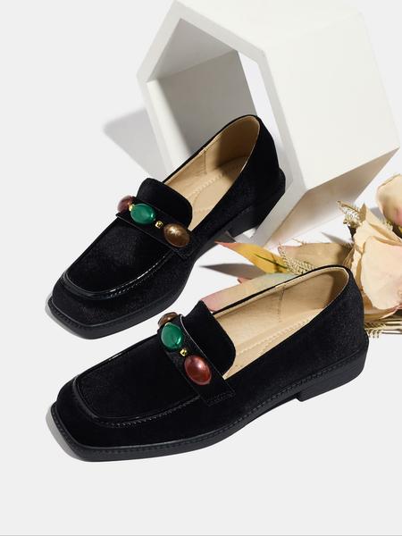 Women's Fashion Fall New Velvet Thick Sole Blue Square Toe Mid Heel Soft Bottom Outdoor Lightweight Breathable Slip-On Loafers