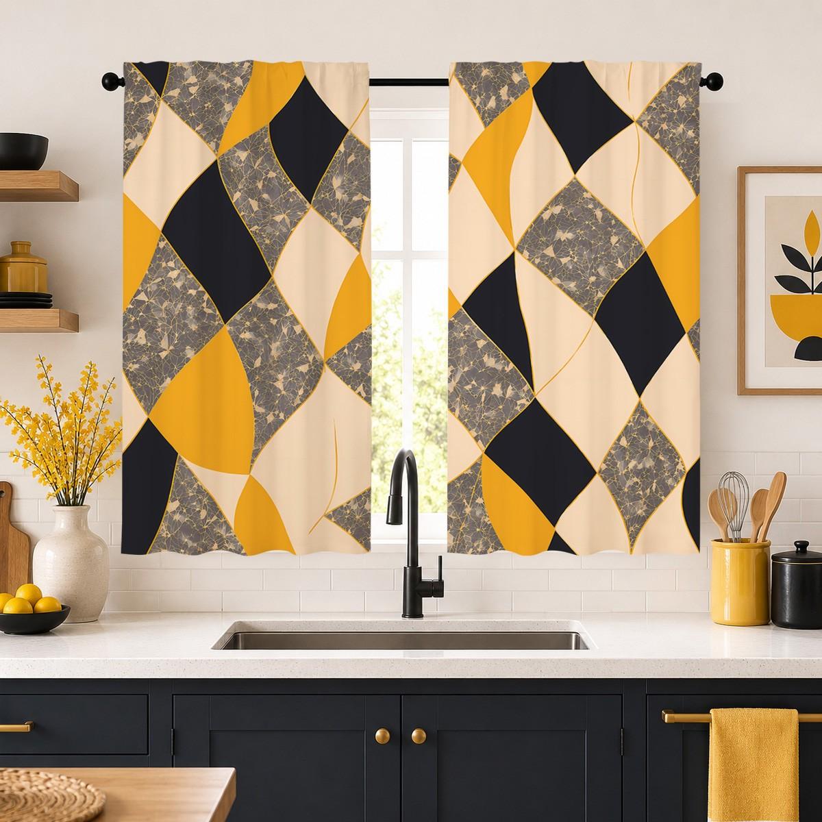 2pcs Modern, minimalist luxury semi-blackout curtains in yellow, black, and beige with a diamond geometric pattern. Pocket rod installation, made of polyester, suitable for bedrooms, kitchens, studies, etc. Semi Shading Curtain