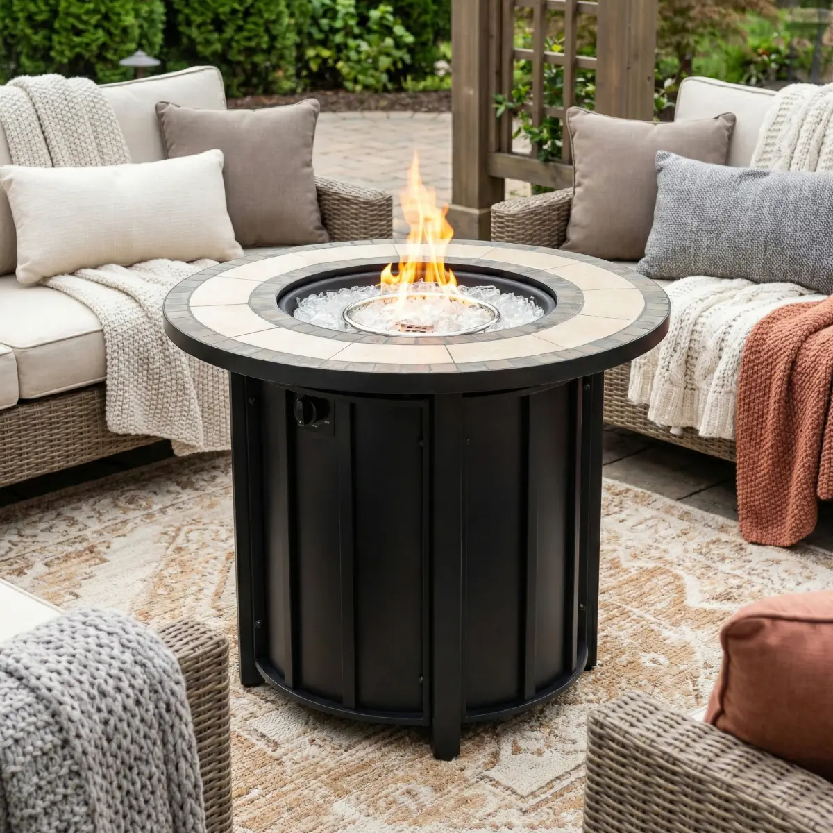 30" Propane Gas Fire Pit Table, 50000 BTU Round Steel Fire Pit with Mosaic Ceramic Tabletop for Outside Patio Deck Garden Backyard- Black