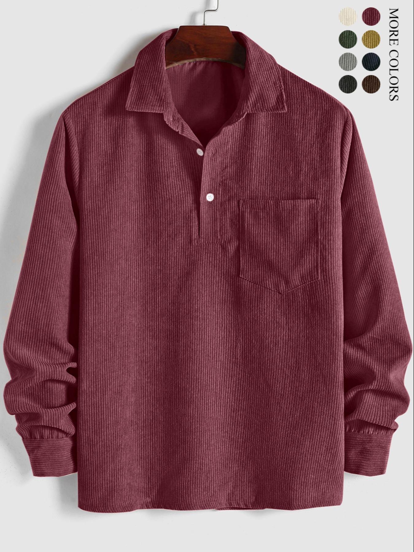Men's Plain Pocket Half Button Corduroy Shirt, Casual Comfy Regular Fit Long Sleeve Collared Top For Fall & Winter, Men's Clothes For Daily Wear
