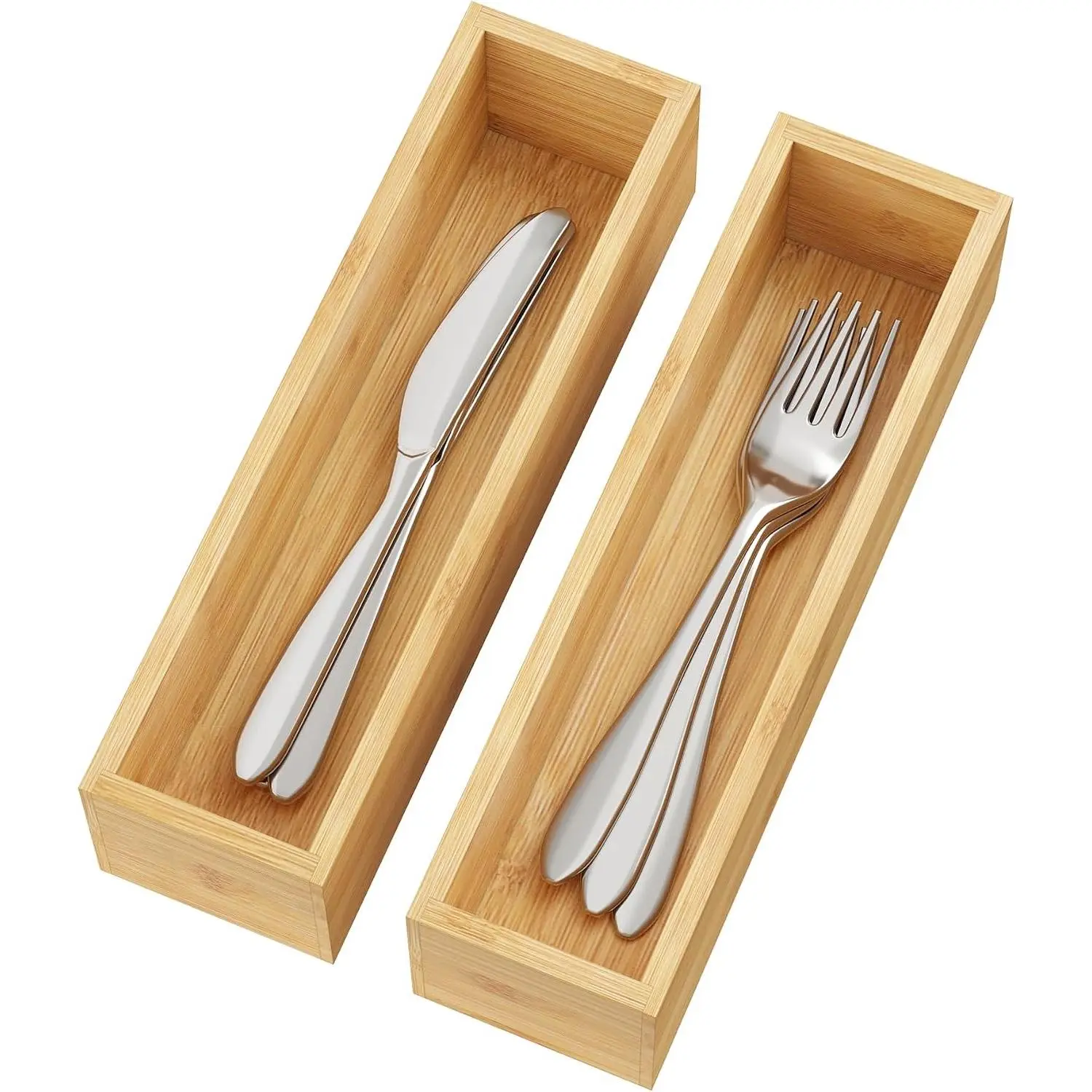Kitchen Drawer Organizer,Small Silverware Drawer Organizer,Bamboo Utensil Organizer for Bathroom, Dressing Room, Office, Pantry (Natural, 11"x 3") Set of 2
