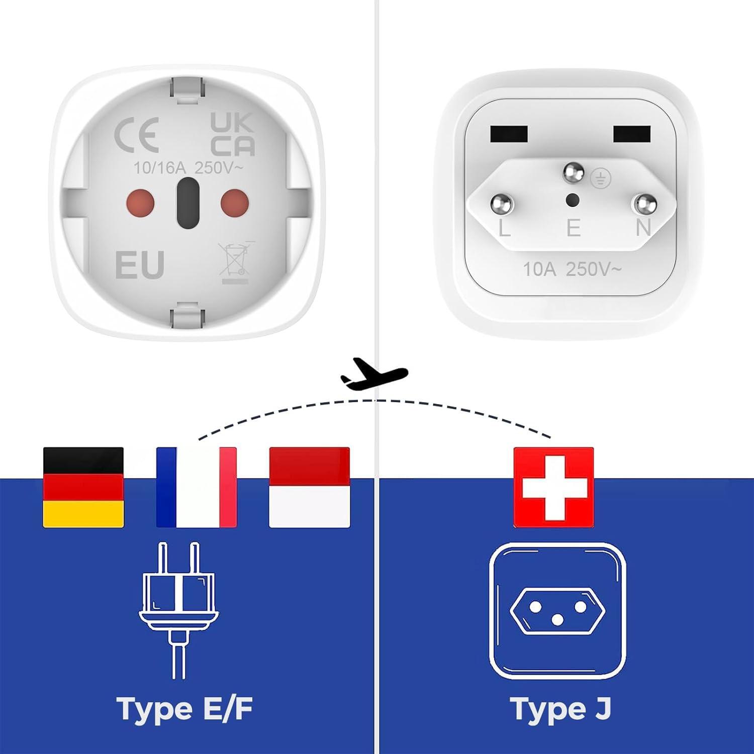 Travel Power Adapter Converter J-Type to E/f-Type, Compact Lightweight Design, Easy to Carry, Socket Adapter for Switzerland/madagascar/liechtenstein