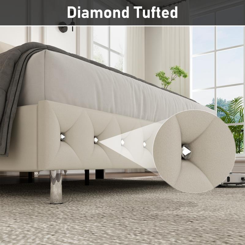 Queen LED Upholstered Bed Frame with Wingback Headboard, Velvet Diamond Button Tufted Bed Frame with USB & Type-C Ports, Wood Slats Support, No Box Spring Needed, Cream White/Dark Gray