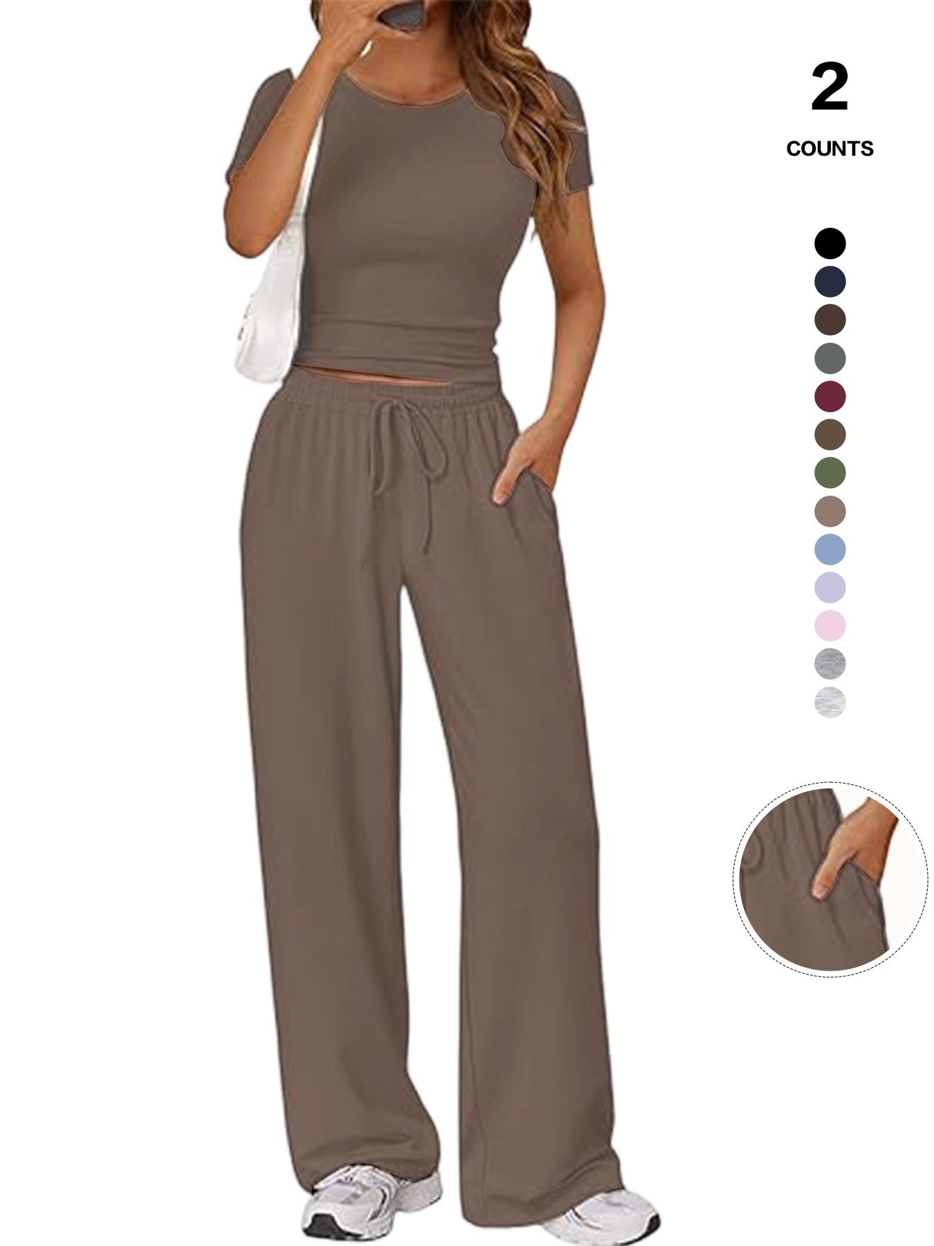 Women's Spring Summer Casual Set, Round Neck Short Sleeve Top & Wide Leg Pants, Slim Fit Home Wear, 2 Piece Comfortable