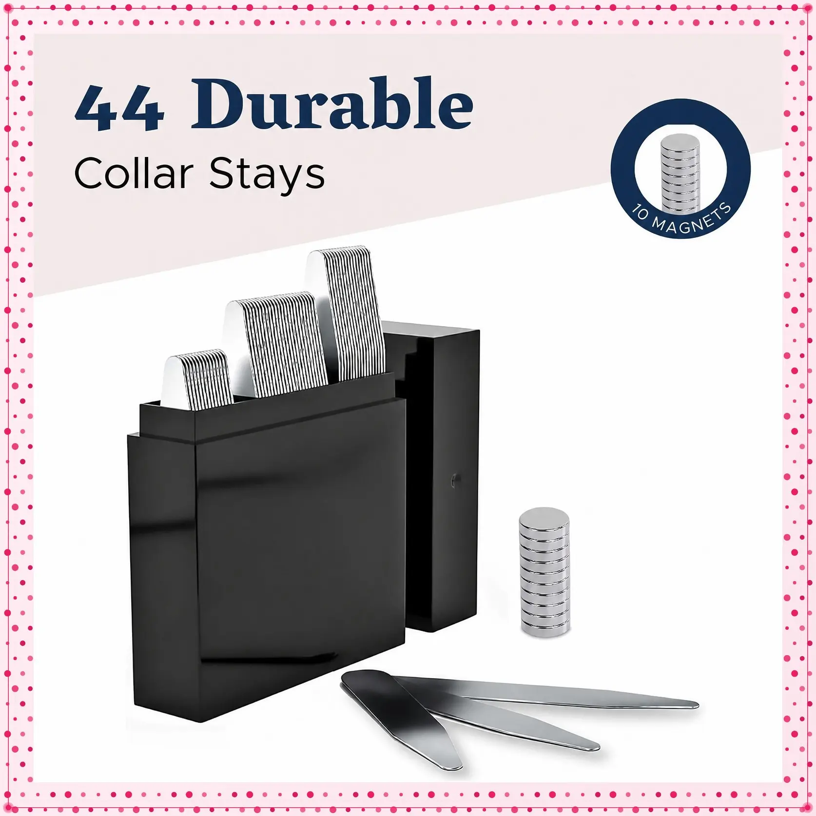 44 Magnetic Metal Collar Stays with 10 Collar Stays Magnets in Divided BoxGift