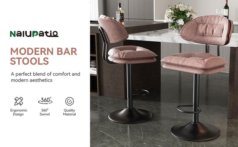Modern BarStools Set of 2 Ergonomic Double-Layer Upholstered Swivel Bar Stools with Back Adjustable Height for Kitchen Island Durable Soft Fabric Chairs
