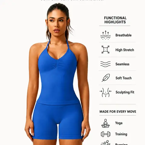 Women's Solid Ruched Design Backless Halter Top & High Waist Shorts Tracksuit Set, Sporty Breathable Comfortable Two-piece Outfits for Yoga Gym Workout Running, Yoga Sports Clothing