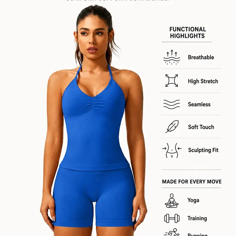 Women's Solid Ruched Design Backless Halter Top & High Waist Shorts Tracksuit Set, Sporty Breathable Comfortable Two-piece Outfits for Yoga Gym Workout Running, Yoga Sports Clothing