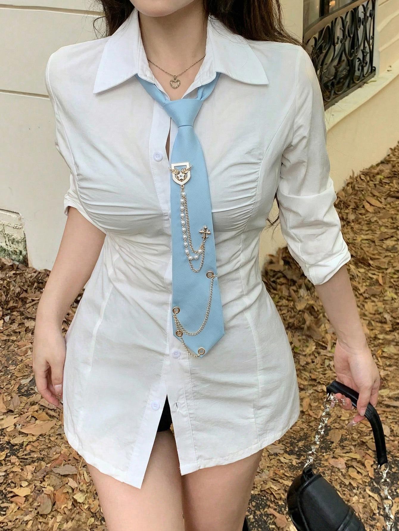 Nylon Pull-On Pre-Tied JK Uniform Necktie, Light Blue Lazy Neck Tie with Cross Badge, Faux Pearls and Gold-Tone Chain Details, INS Trendy Academia Collar Accessory for Shirt Matching, Pull-On Tie