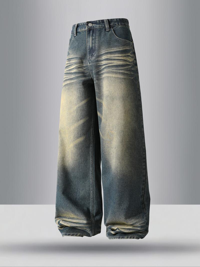 Men's vintage washed loose straight-leg jeans, casual four-season street style, zipper fly, solid color pattern, daily wear denim pants. If you prefer a looser fit, order one size larger.