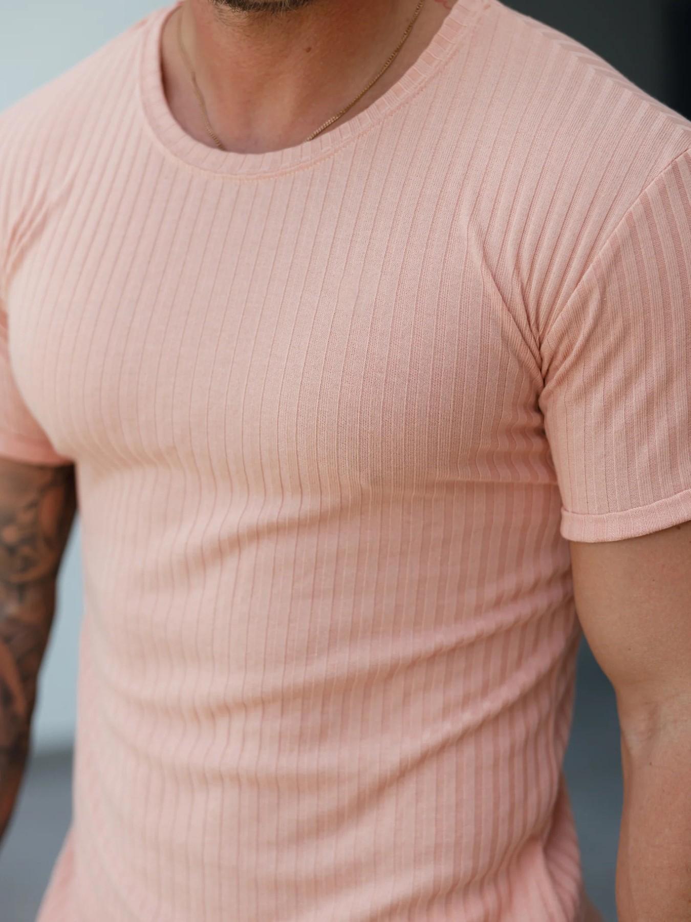 Men's Slim-Fit Ribbed Knitted Round Neck Short Sleeve T-Shirt, Casual Sport Plain Summer Daily Wear Top, Long Clothing