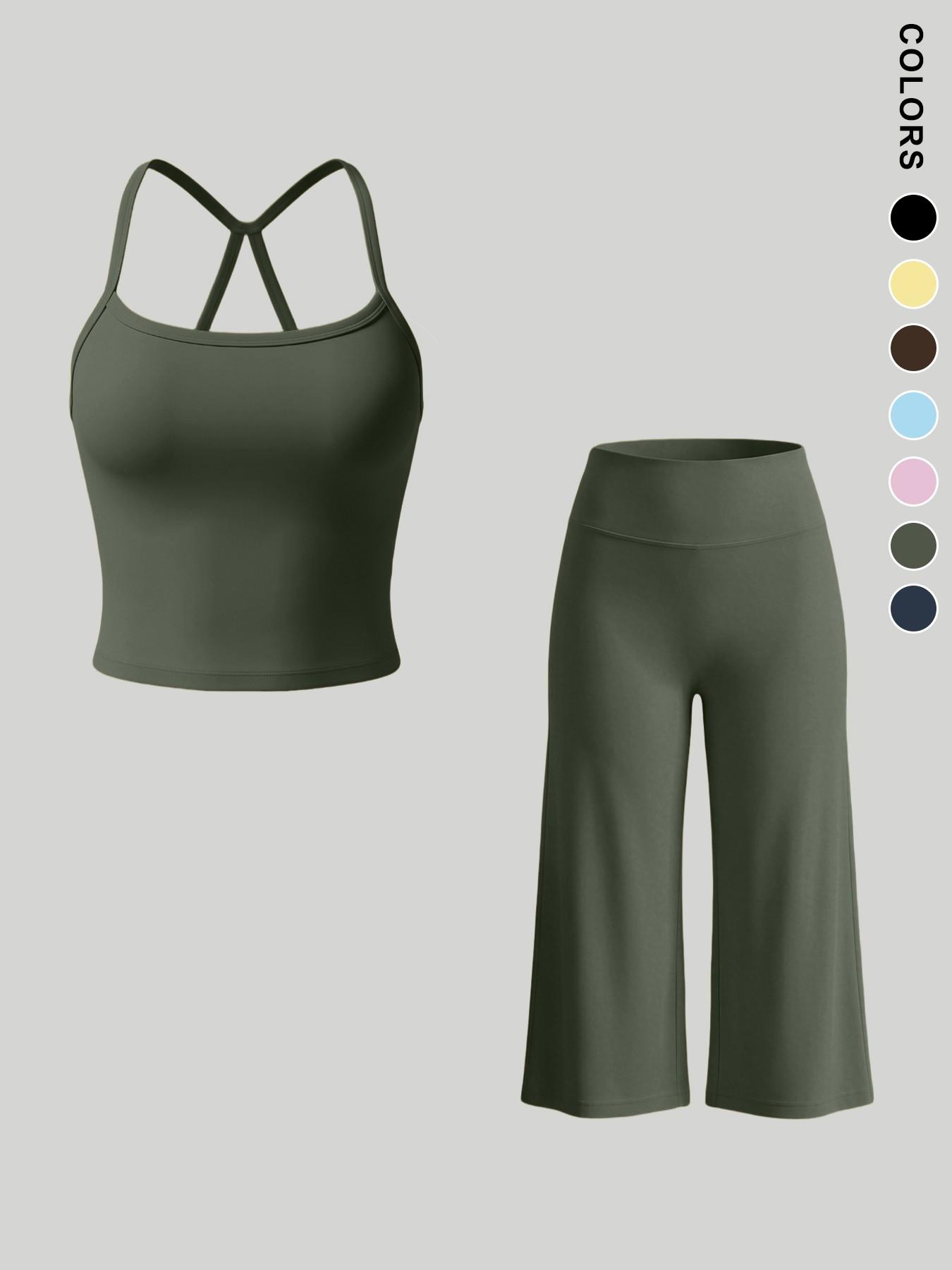Women's Sporty Fitted Tank Top & High-Waisted Wide-Leg Pants Set, Breathable Solid Color, Ideal for Yoga, Casual Wear, Home Comfort, Athleisure Summer Clothes