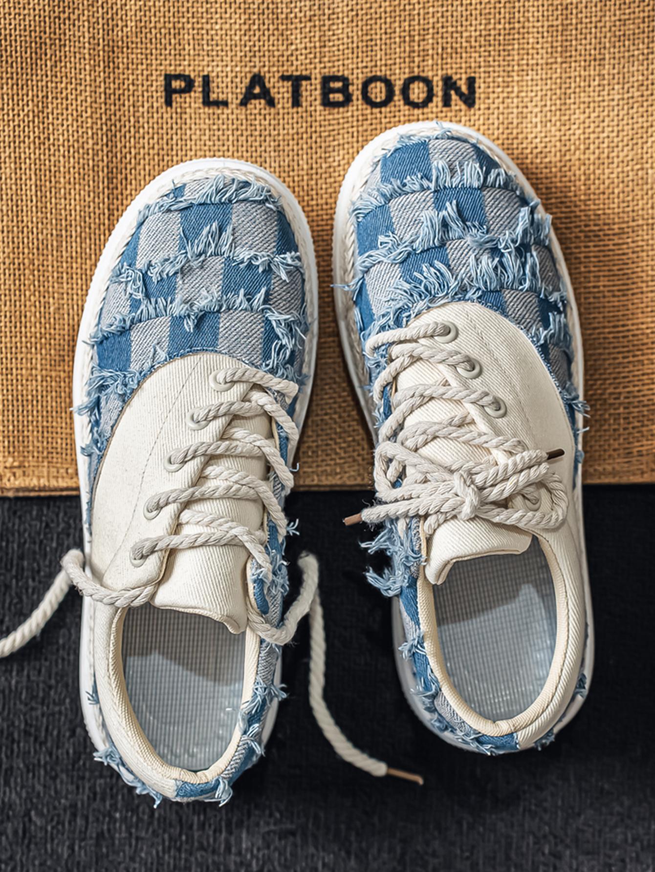 Summer New Men's Plaid Patchwork Hemp Rope Laces, Vintage Straw Trim Soft Elastic Thick Sole, Casual Checkered Shoes for Commute and Streetwear