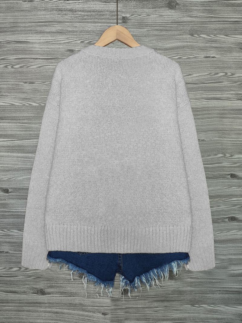 Women's Cat Print Drop Shoulder Sweater, Casual Long Sleeve Round Neck Jumper for Fall & Winter, Fashion Ladies' Knitwear for Daily Wear