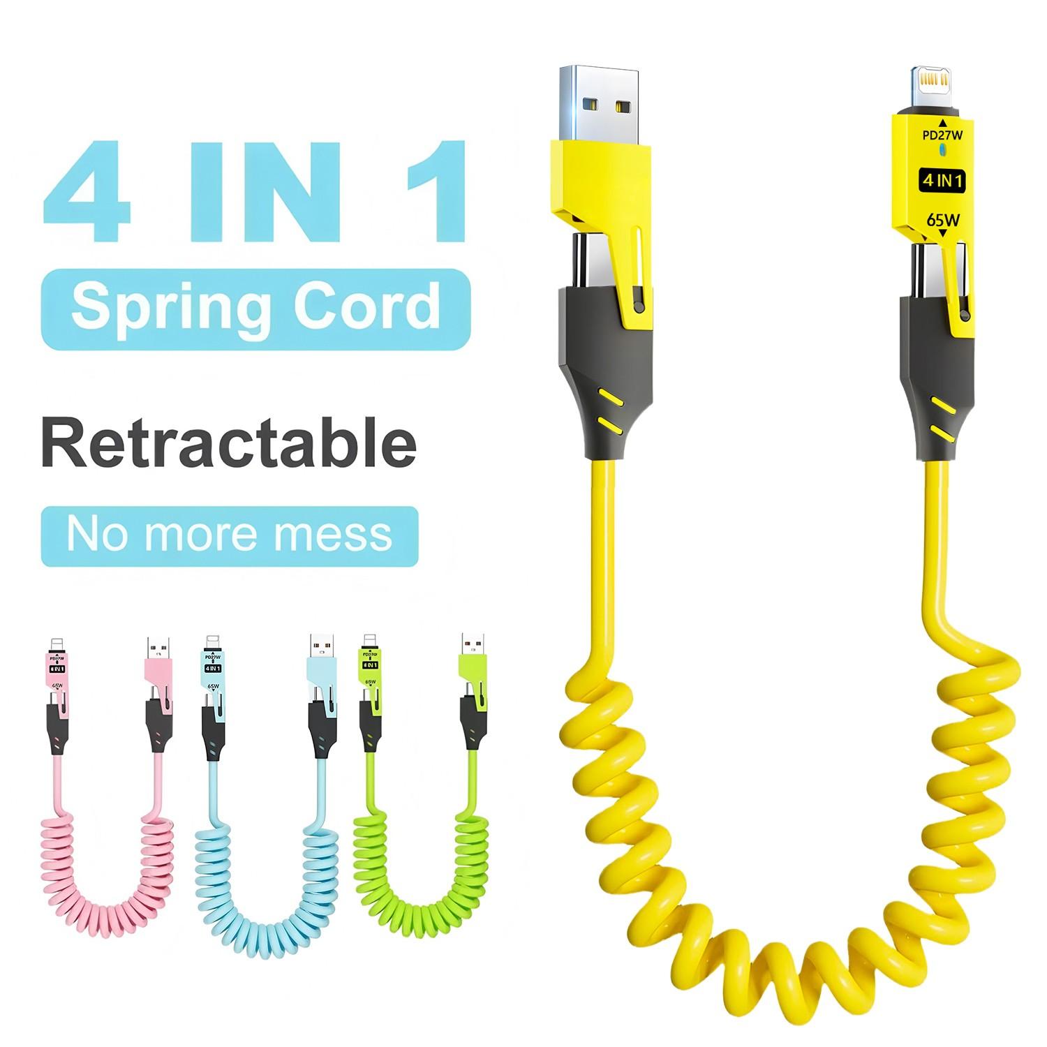 New 65w Multi-Function Retractable USB-C Cable, PD Fast Charging, Multiple Interface Compatibility, 4-In-1 Data Line Retractable Cable Design for iPhone 15 14 13 12