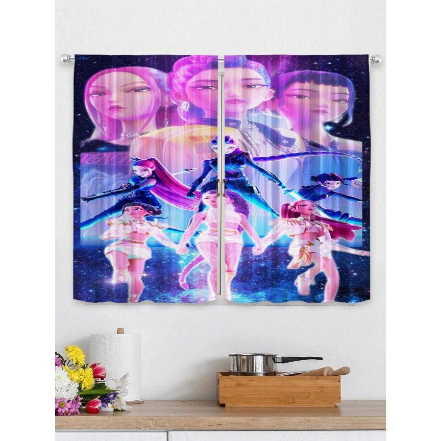 2-Piece Cartoon Print Blackout Curtains, Polyester Material, Easy to Clean, Suitable for Bedroom & Living Room, Fun Room Decor, Window Curtain