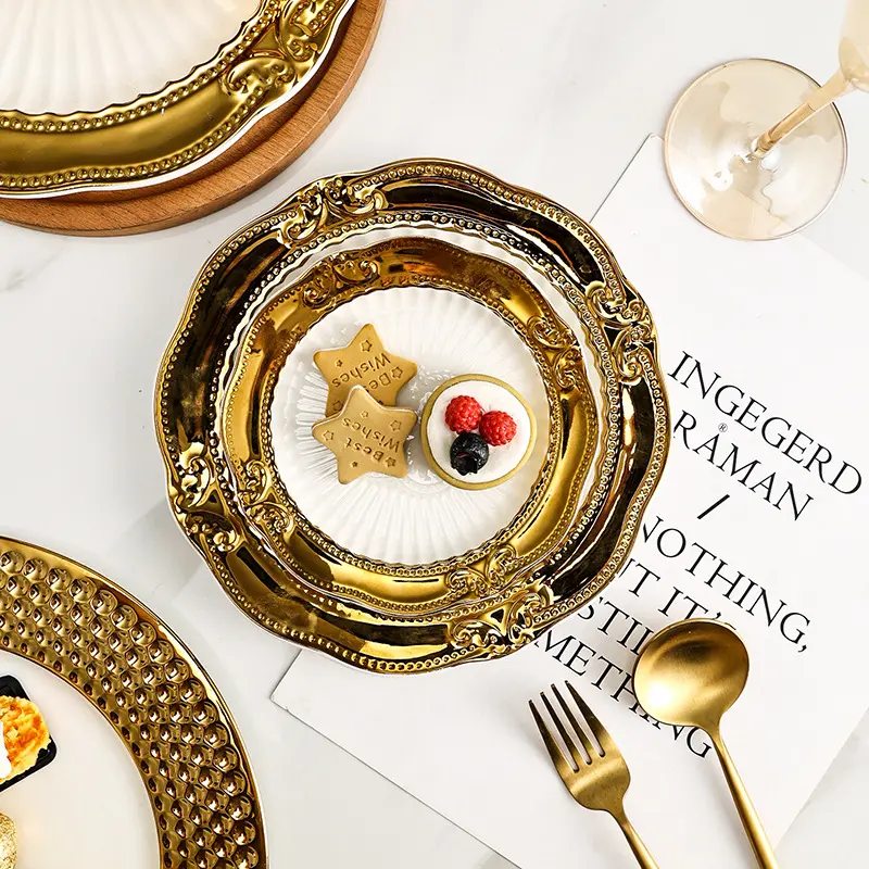 Vintage Baroque Ceramic Plate, Ornate Gold Trim Serving Dish with Elegant Embossed Pattern, European Style Decorative Dinnerware for Cake, Pastry, Dessert, Afternoon Tea, Wedding Table Setting and Home Decoration Gold Border Plates