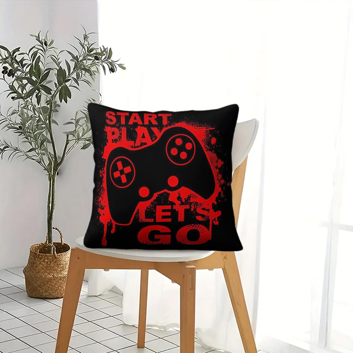 Gamer Theme Throw Pillow,Start Play Let's Go Game Controller Decorative Cushion,Red Black Graffiti Accent Pillow for Gaming Room,Bedroom,Sofa,Couch,Dorm,Includes Pillow Core,Perfect Gamer Gift for Teen Boys & Game Lovers