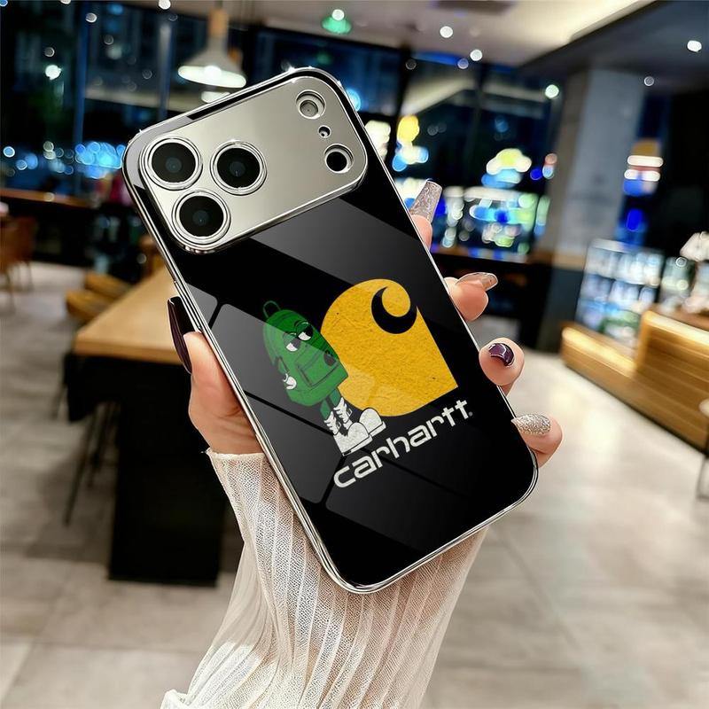 Famous Trend C-C-Carhartt Phone Case For iPhone 17 16 15 14 13 12 Pro Max Plus Electroplated Metal Bumper Case Slim Tempered Glass Back Shockproof Anti-Scratch Luxury Case Fashion Durable Stylish