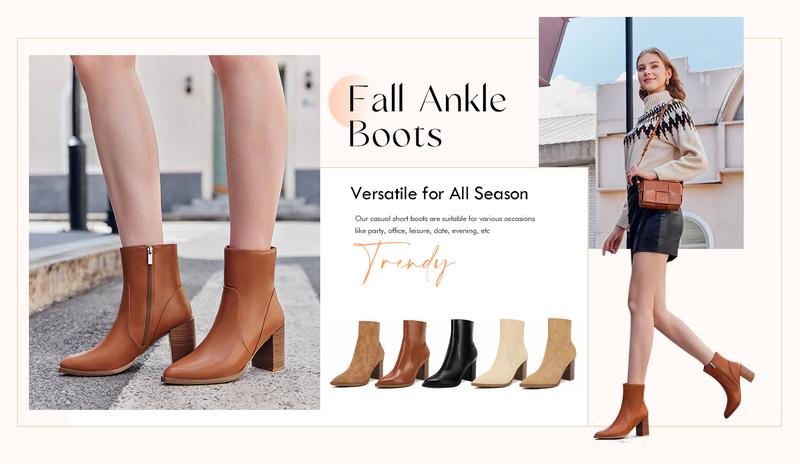 Coutgo Women's Pointed Toe Ankle Boots Chunky Stacked Heel Side Zipper Faux Leather Ankle Booties