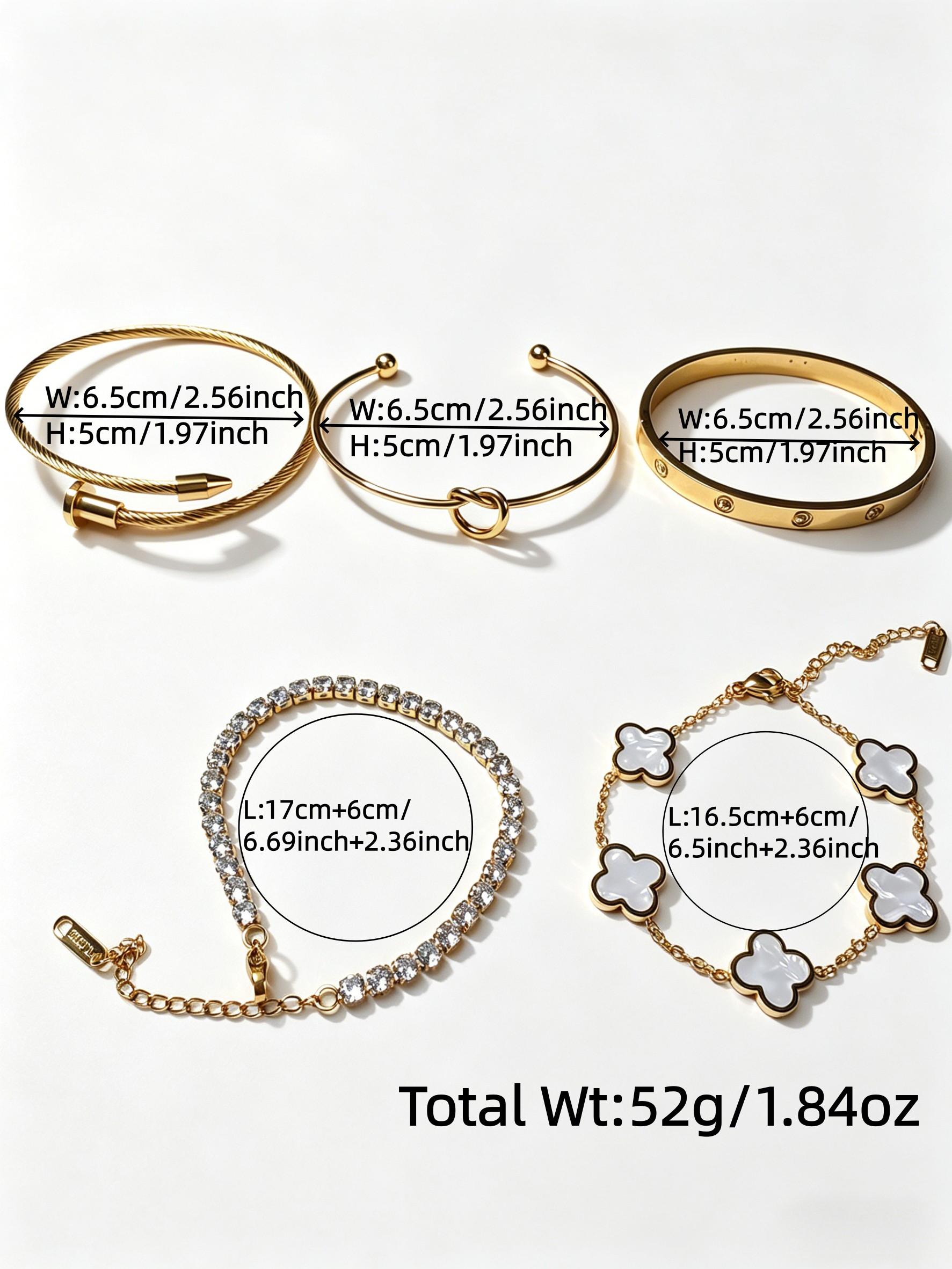 5 Piece French Luxury Bracelet Set, Stackable Rhinestone Clover Heart Nail Bracelets, Perfect for Dates and Career Wear