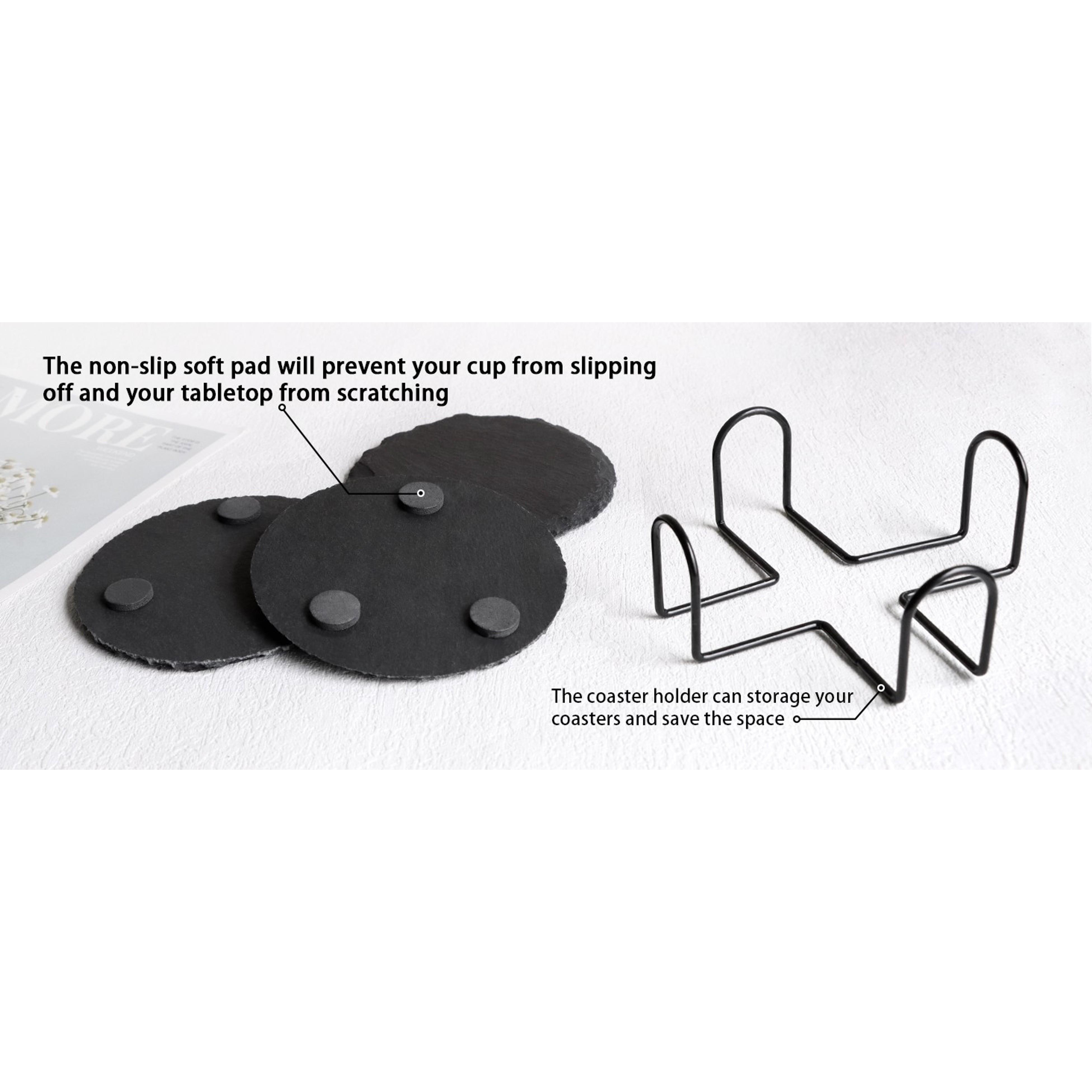 4 PCS Round Slate Drink Coasters Set, 4 Inch Laser Engraving Black Slate Stone Coasters with Anti-Scratch Bottom and Coaster Holder for Office Bar Kitchen Home Dinner Table Decor Supplies
