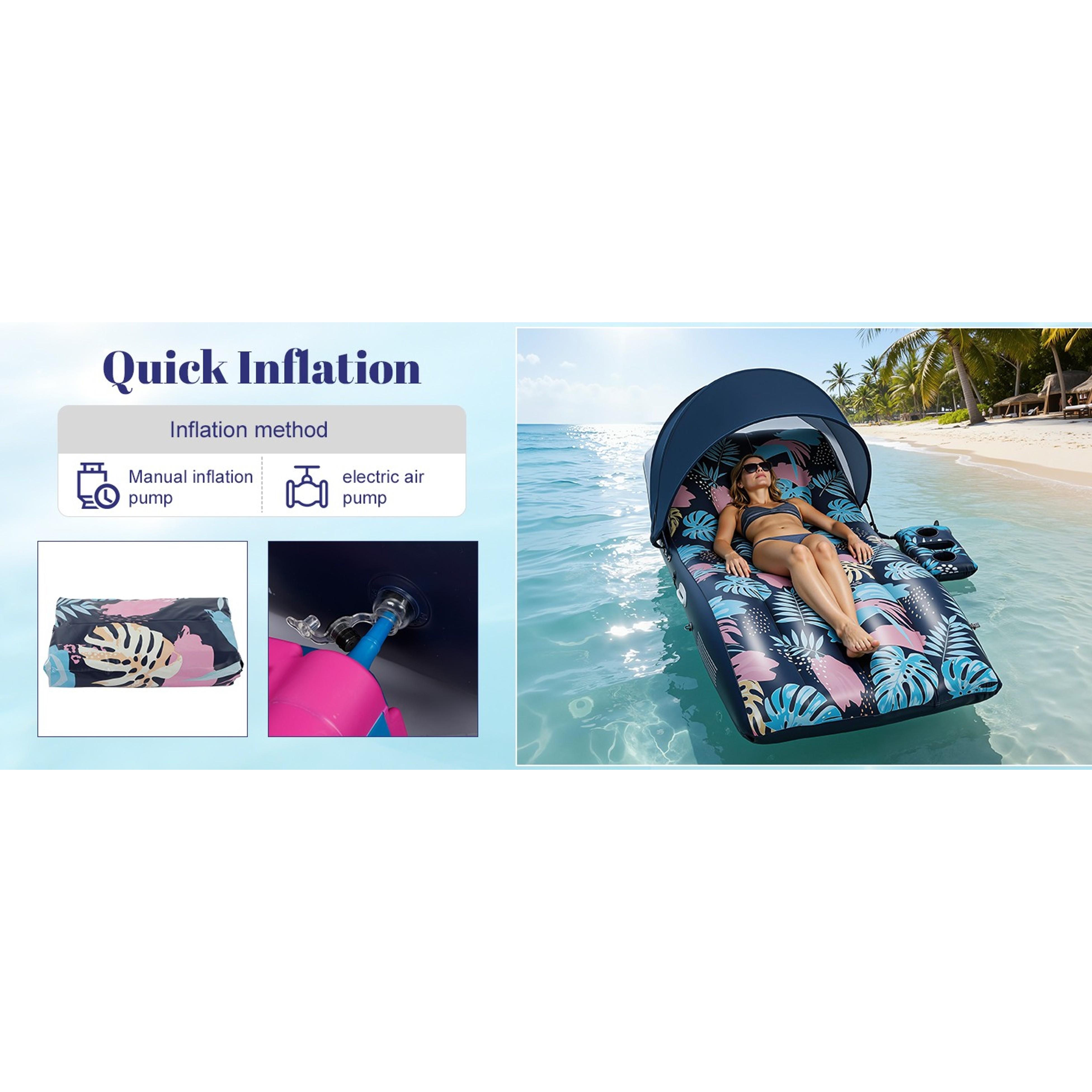 Large-Size Inflatable Floating Chair with UPF50+ Adjustable Canopy, Ergonomic Design, Cup Holder, Ideal for Swimming Pool, Beach