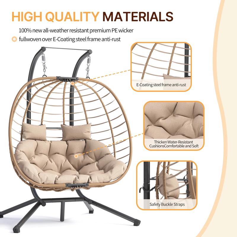 UDPATIO Double Wicker Swing Egg Chair 2 Person Foldable Hanging Egg Chair with Stand, Porch Swing Loveseat for Patio, Balcony, Porch, Indoor，Outdoor,