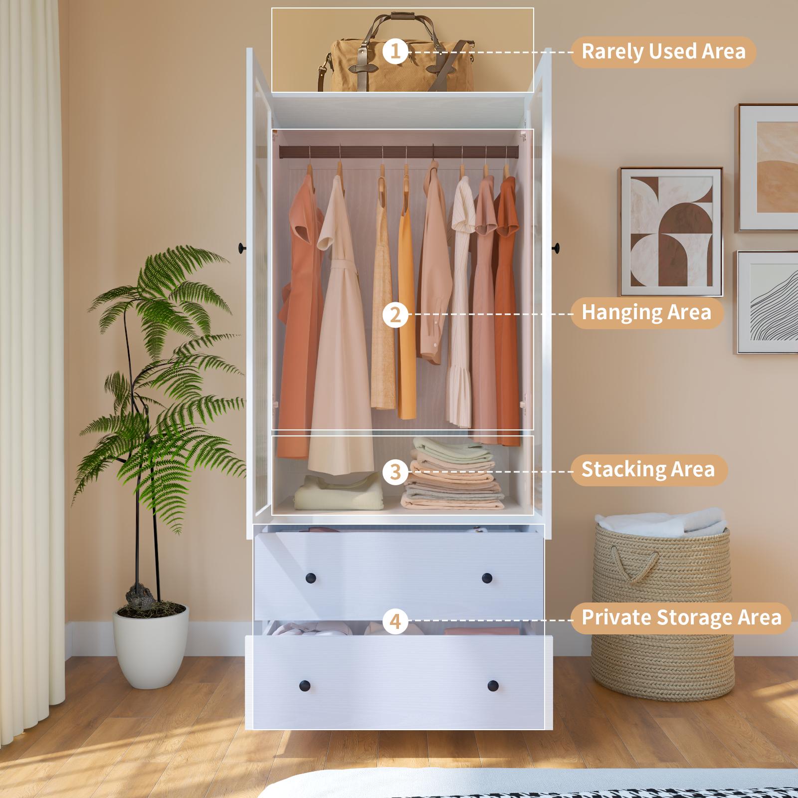 【2 Packages Delivery】VOWNER Wardrobe Closet with Fluted Glass Door, 2 Drawer & Shelf, Wooden White Armoire Storage Cabinet for Bedroom