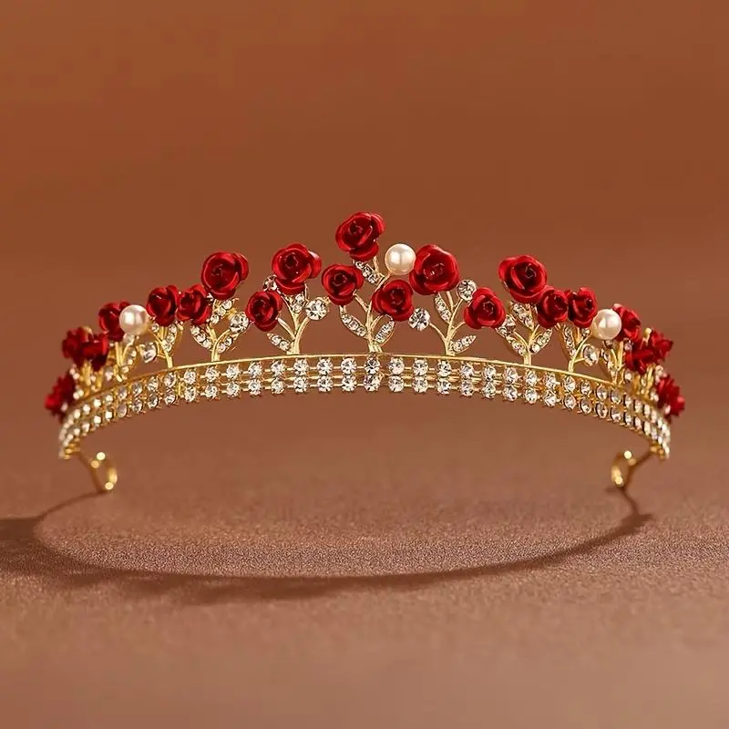 Crown Tiara Bride Adult Mori Style Easy Small Red Flower Rose Princess Queen Crown Birthday Tiara Hair Additions