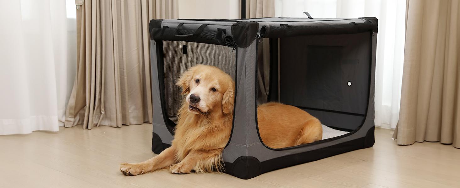 Collapsible Travel Dog Crate for Medium Large Dogs, Portable Oxford Cloth Dog Crate 4-Door Foldable Soft Kennel with Chew-Proof Mesh Windows for Indoor & Outdoor Travel,with Storage Bag,Grey