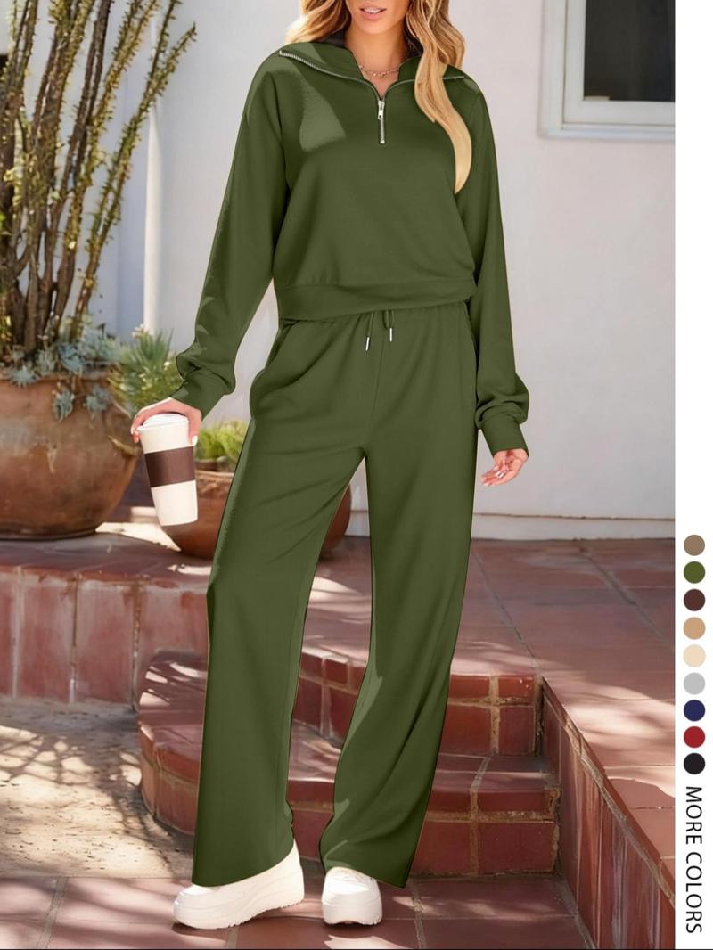 Pure Color Half-Zip Shoulder Pad Sporty Top Long Pants Set, Sweatsuit Set, Casual Loose-Fitting Fall, Regular Length Plain Design