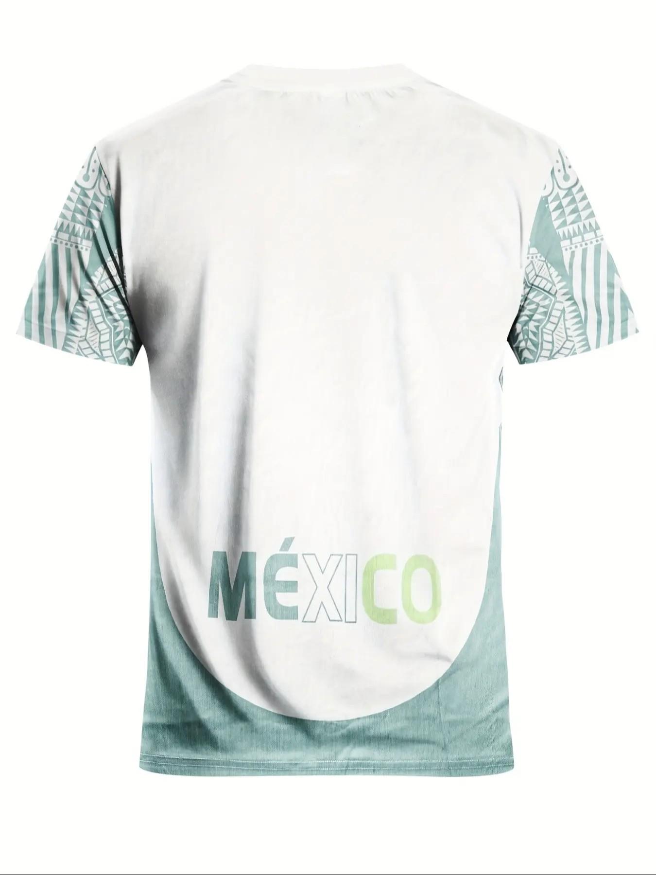 Men's Aztec Quetzalcoatl Mexico Map Sport T-Shirt, Tribal Style Round Neck Short Sleeve Top, Loose-Fitting Geometric Pattern, All Seasons