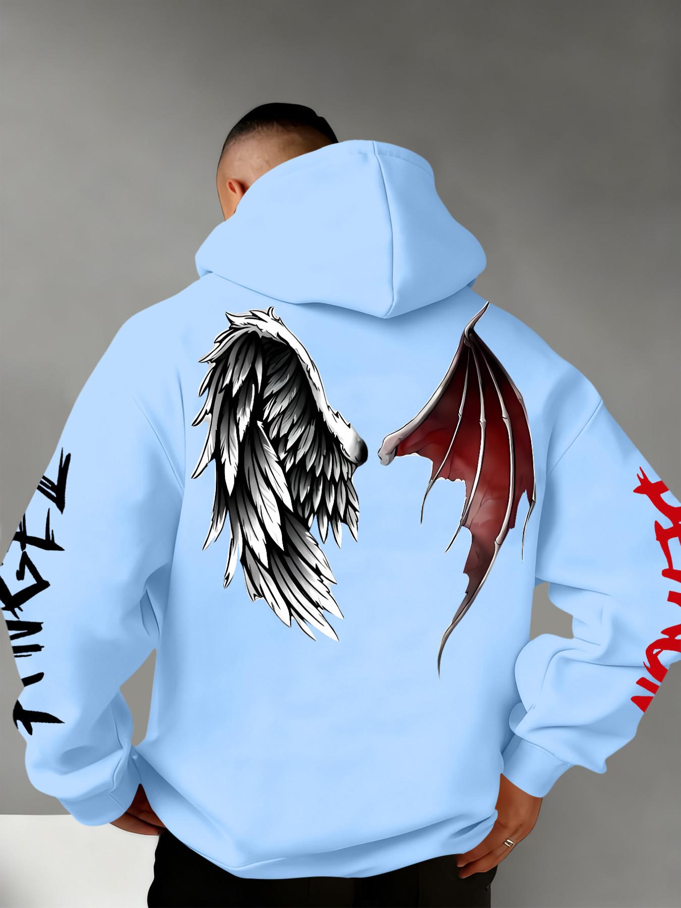 Men's Fall Winter Demon Angel Wing Print Hoodie, Drawstring Hood +